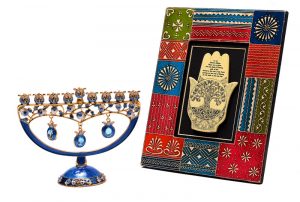 Isaiah’s Gifts, Fulton, Md., Blue Menorah $48, Tree of Life Framed Hand $145