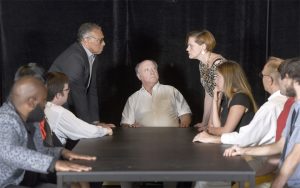 "Twelve Angry Jurors" cast members rehearse at the Vagabond Theatre. 